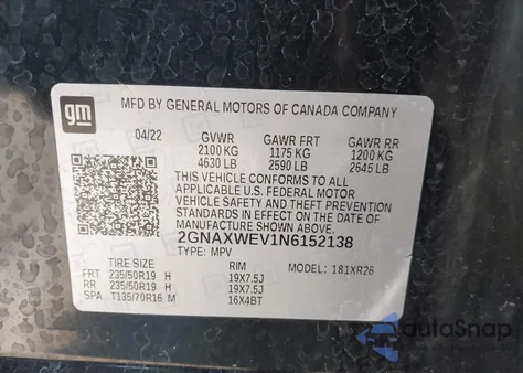 2022 Chevrolet Equinox Awd Rs из США, поврежденный, VIN 2GNAXWEV1N6152138